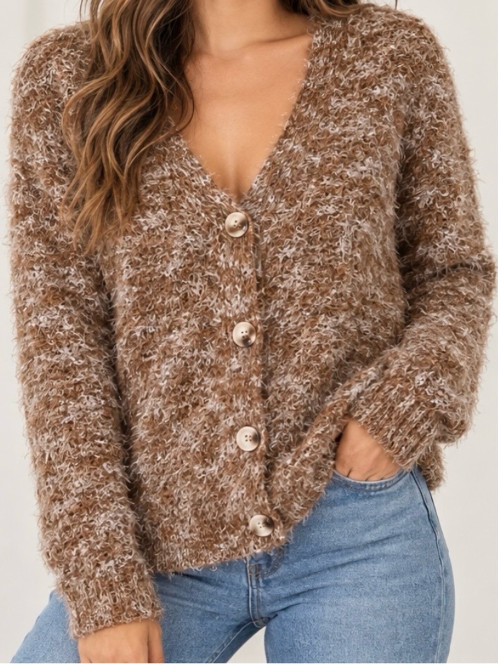 Cozy Fuzzy V-Neck Button Sweater Cardigan in Brown